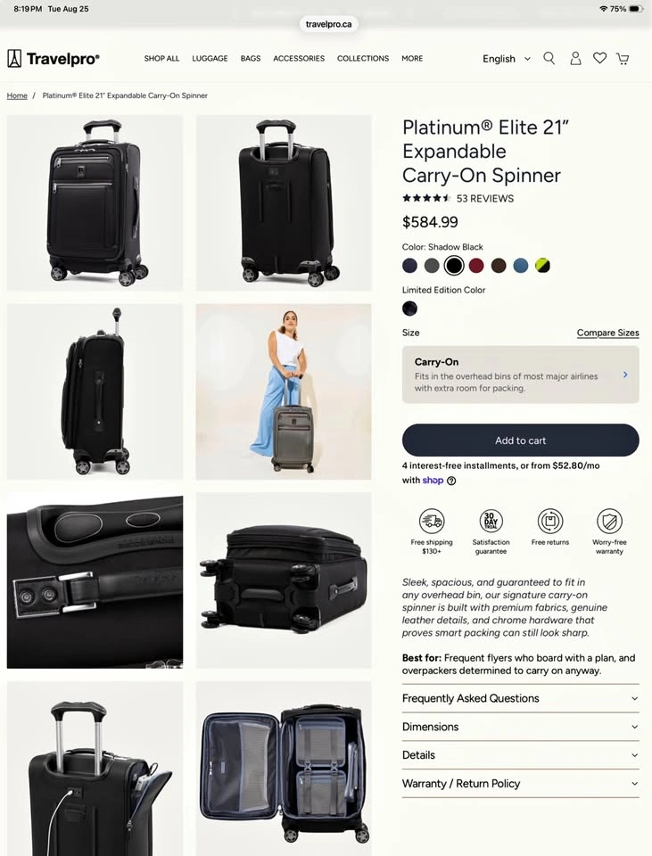TravelPro Platinum Elite 21” Expandable Carry-On Spinner - BNIB
