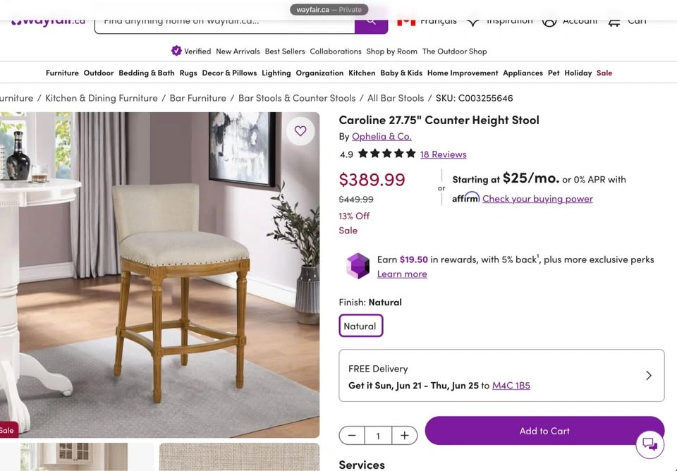 Caroline 27.75” Counter Height Bar Stool – Natural Finish - photo 5