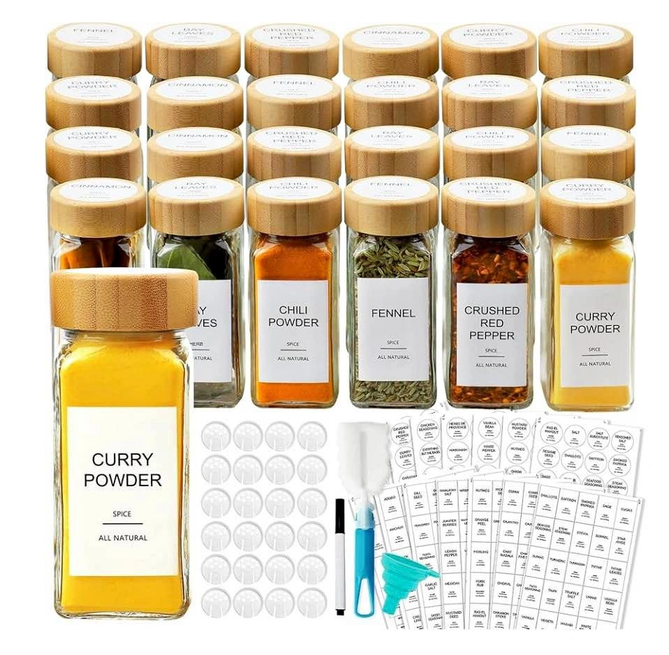24 Glass Spice Jars Set w/ Bamboo Lids & Labels