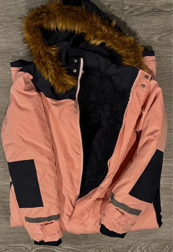 Pink and Black One-Piece Snowsuit with Faux Fur Hood - photo 3