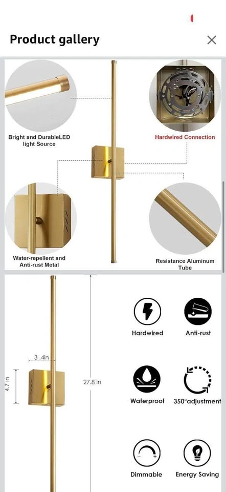 Hardwired Wall Sconces, 27.8 Inch, Brushed Brass - photo 3
