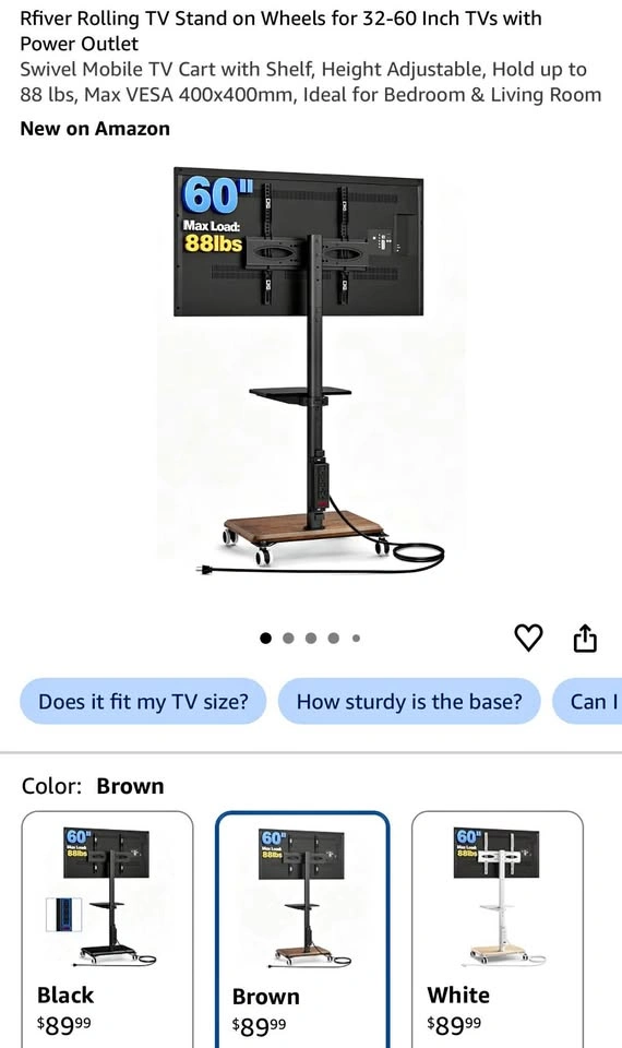 Rolling TV Stand on Wheels for 32-60” TVs with Power Outlet