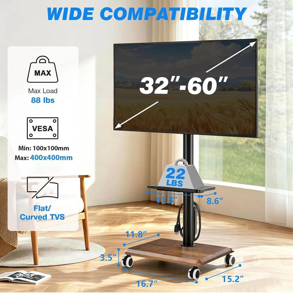 Rolling TV Stand on Wheels for 32-60” TVs with Power Outlet - photo 3