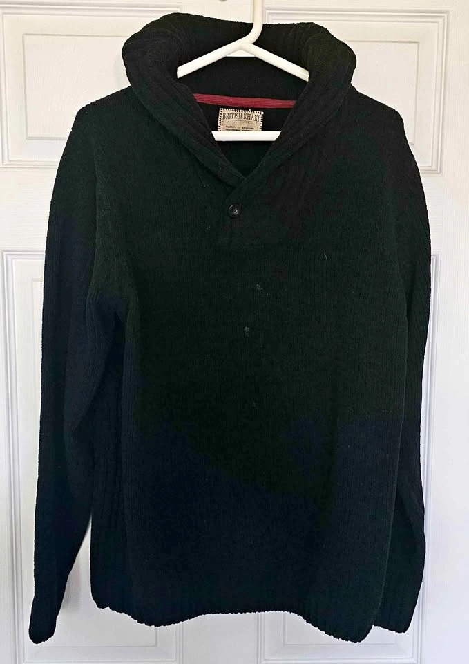 Vintage British Khaki Shawl Collar Fleece Pullover Sweater - Siz