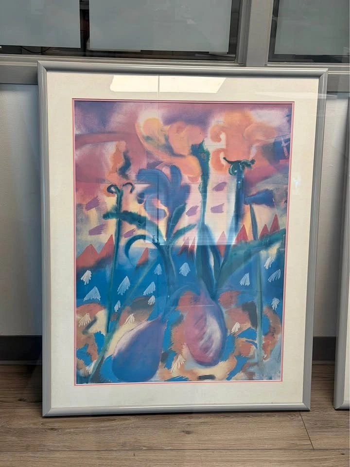 Large Framed Abstract Floral Wall Art – Blue & Pink