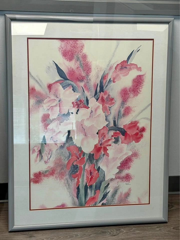 Large Framed Floral Wall Art – Pink & Grey Flower Print