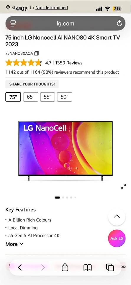 LG 75” Nanocell 4K Smart TV with ThinQ AI (75NANO80AQA)
