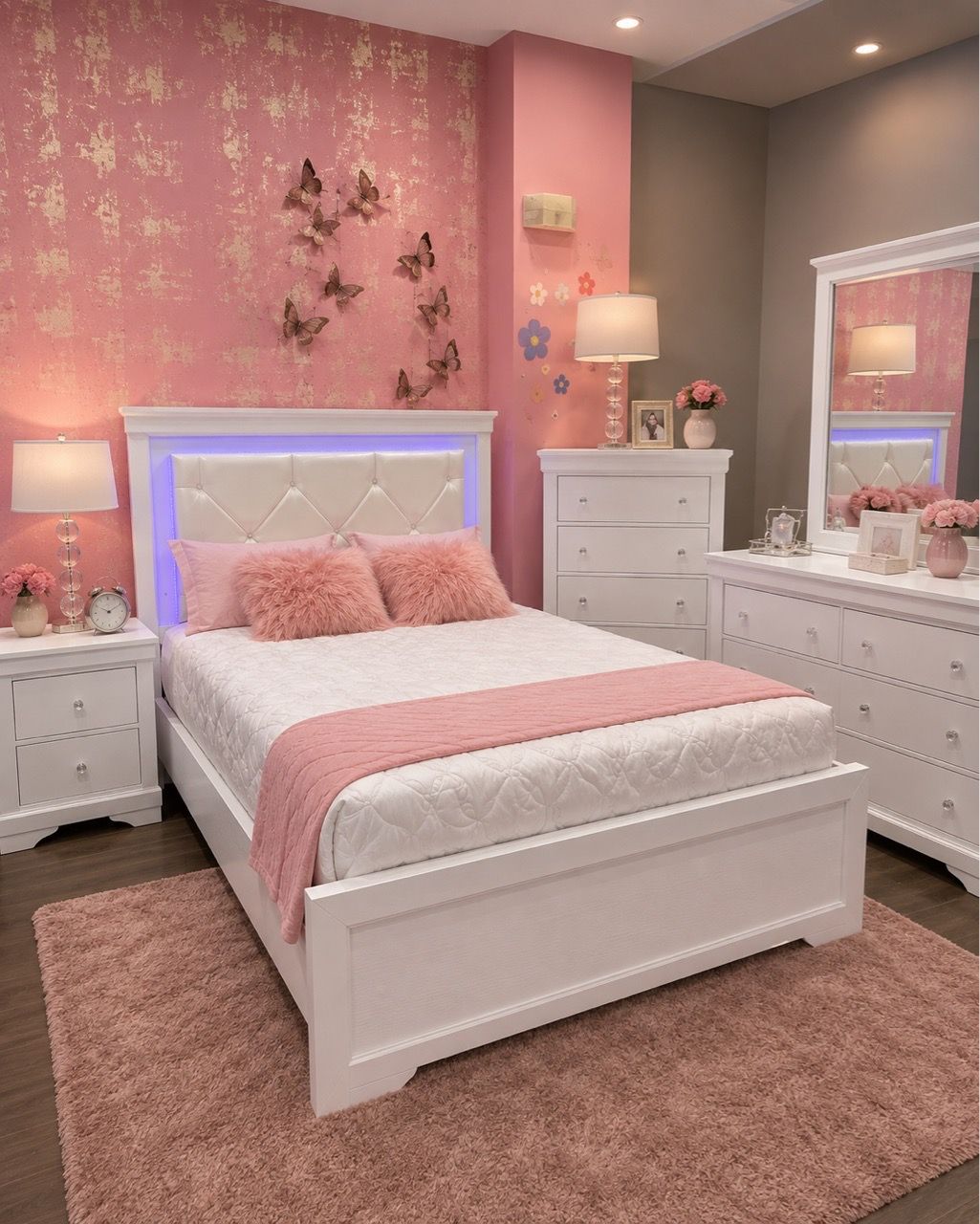 White Bedroom Set with LED Headboard