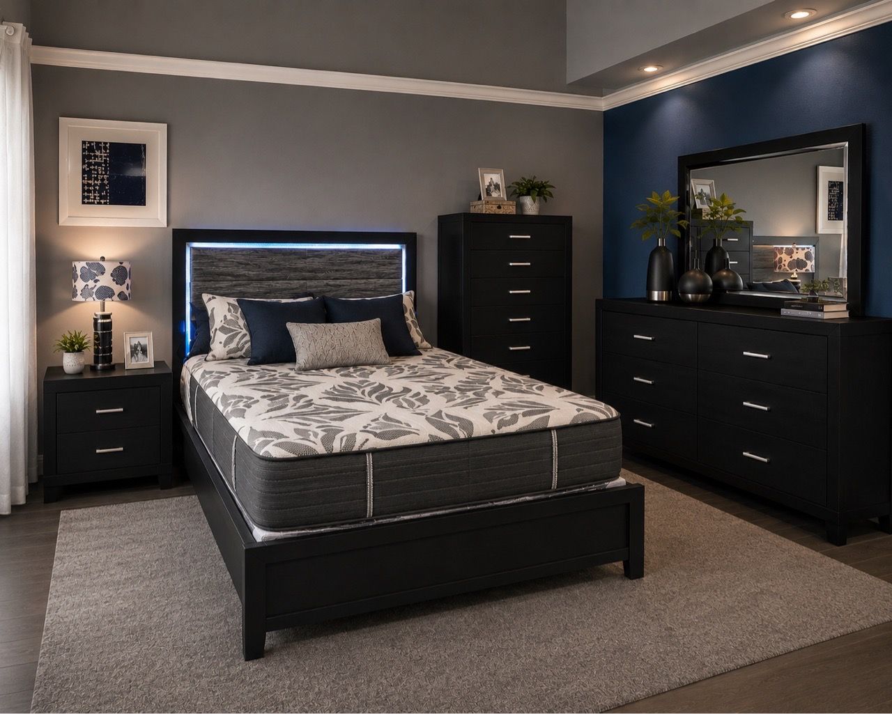 Black Bedroom Furniture Set with LED Headboard