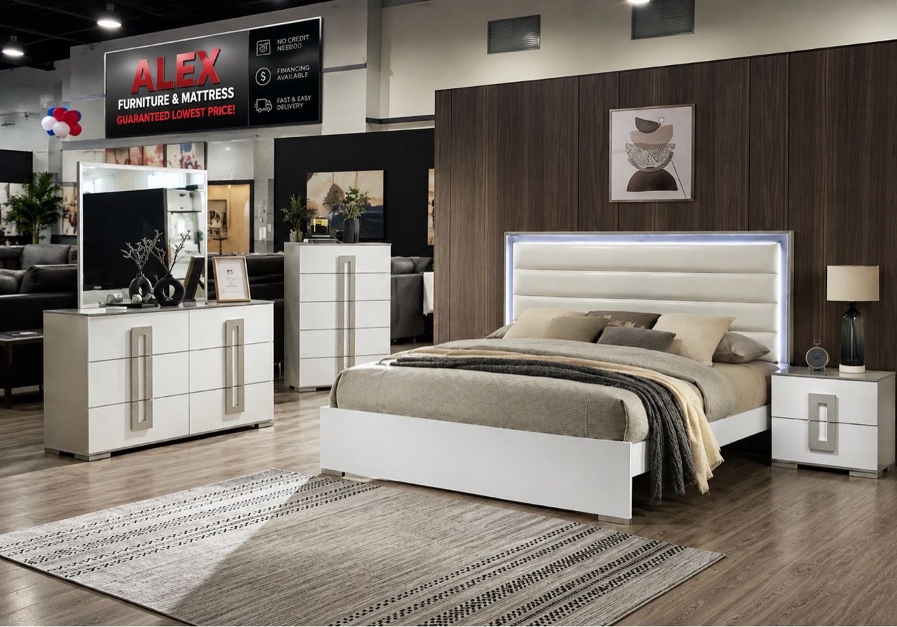 Modern White Bedroom Set with LED Headboard