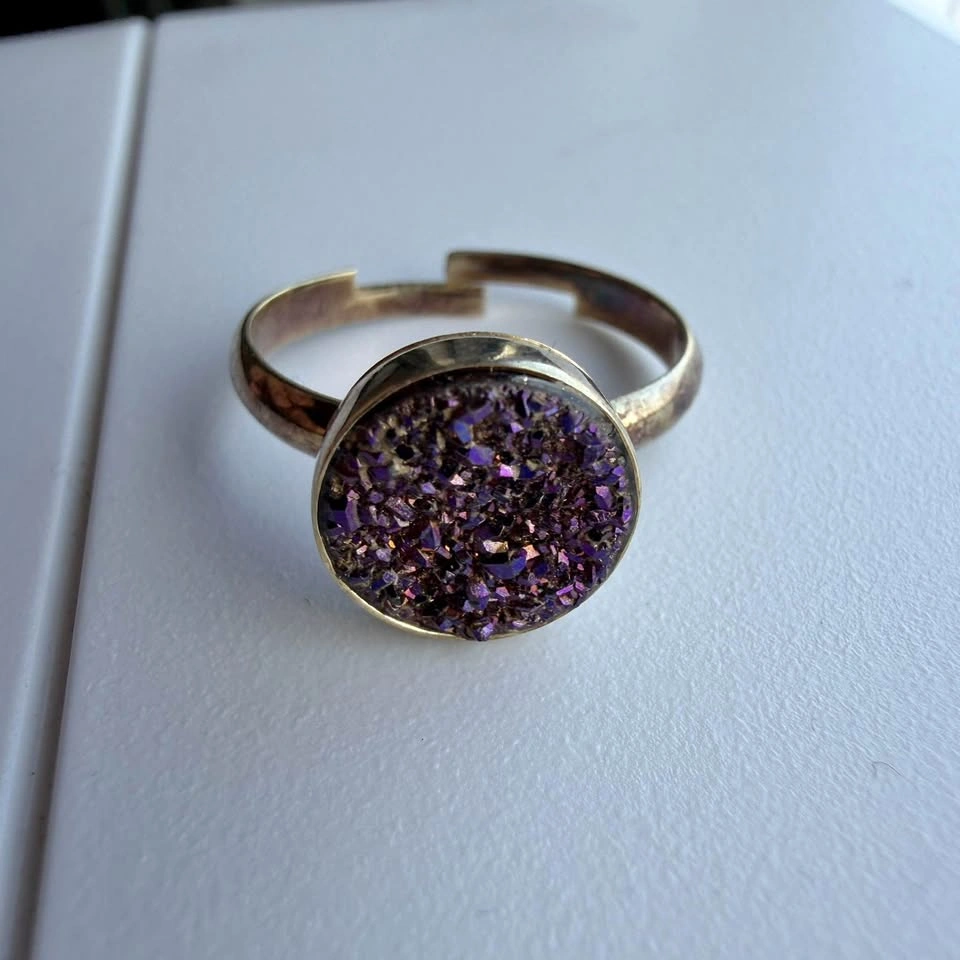 925 Sterling Silver Gold Vermeil Purple Titanium Druzy Ring