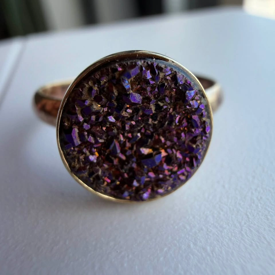 925 Sterling Silver Gold Vermeil Purple Titanium Druzy Ring - photo 2