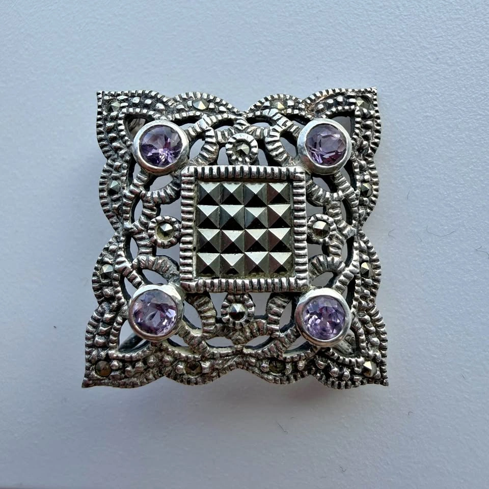 Vintage 925 Sterling Silver Marcasite & Amethyst Brooch