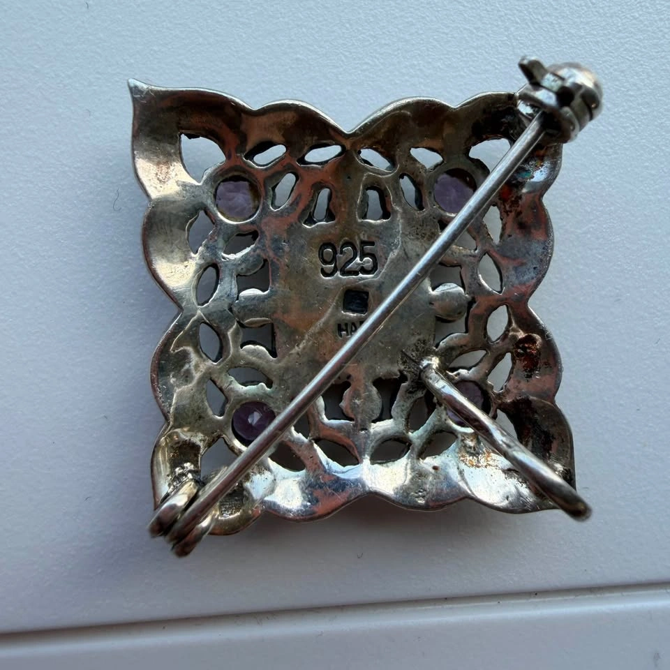 Vintage 925 Sterling Silver Marcasite & Amethyst Brooch - photo 2