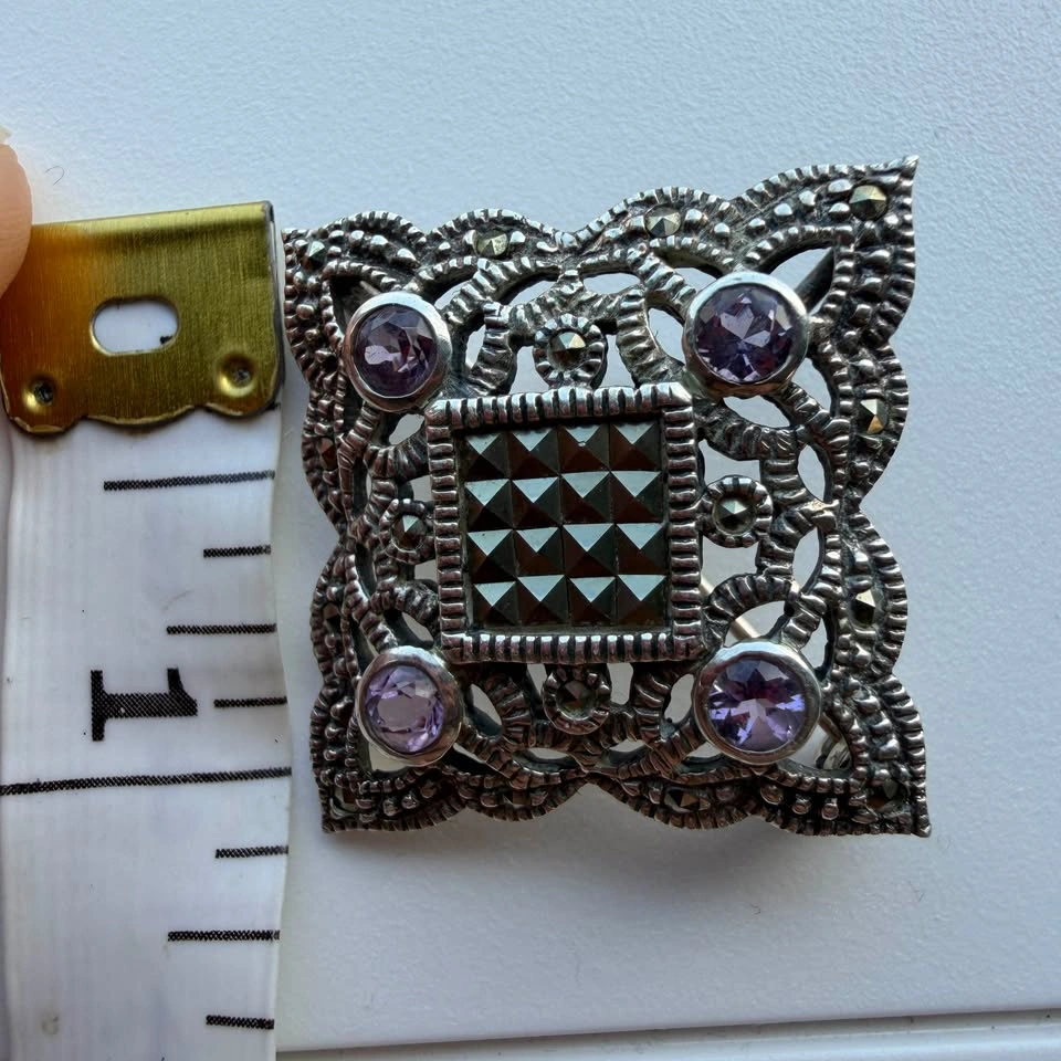 Vintage 925 Sterling Silver Marcasite & Amethyst Brooch - photo 3