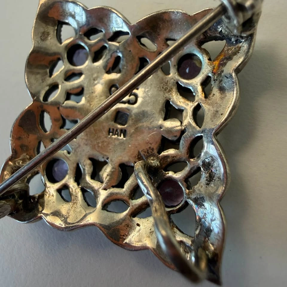 Vintage 925 Sterling Silver Marcasite & Amethyst Brooch - photo 4