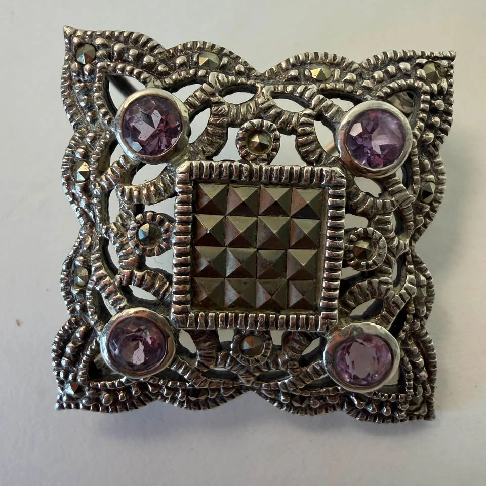 Vintage 925 Sterling Silver Marcasite & Amethyst Brooch - photo 5