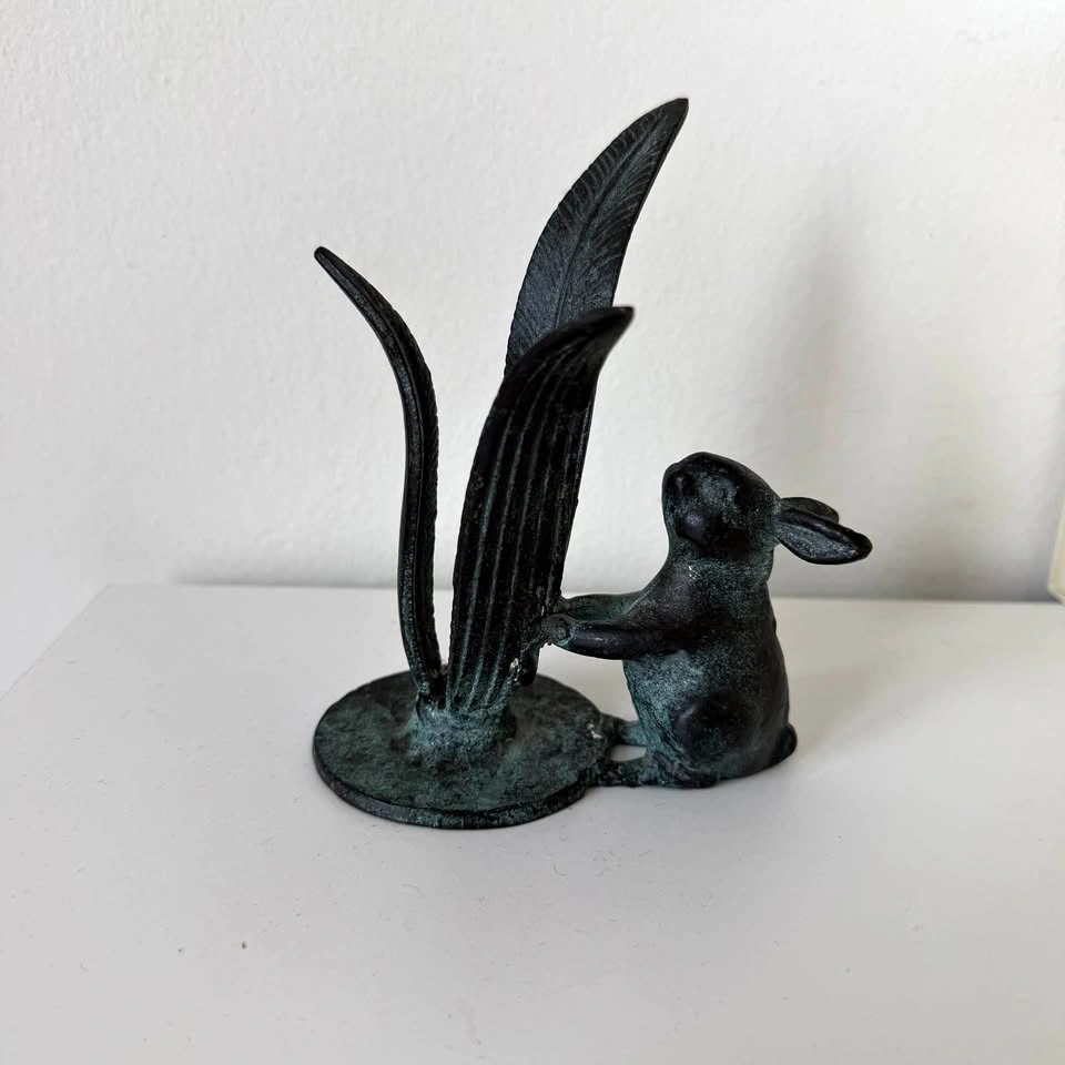 Vintage Verdigris Bronze Rabbit & Fern Leaves Figurine