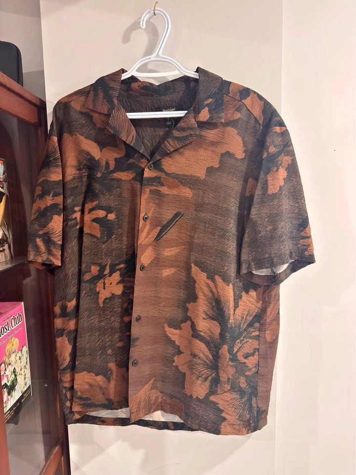 River Island Men's Large Brown Floral Short Sleeve Button Up Shi
