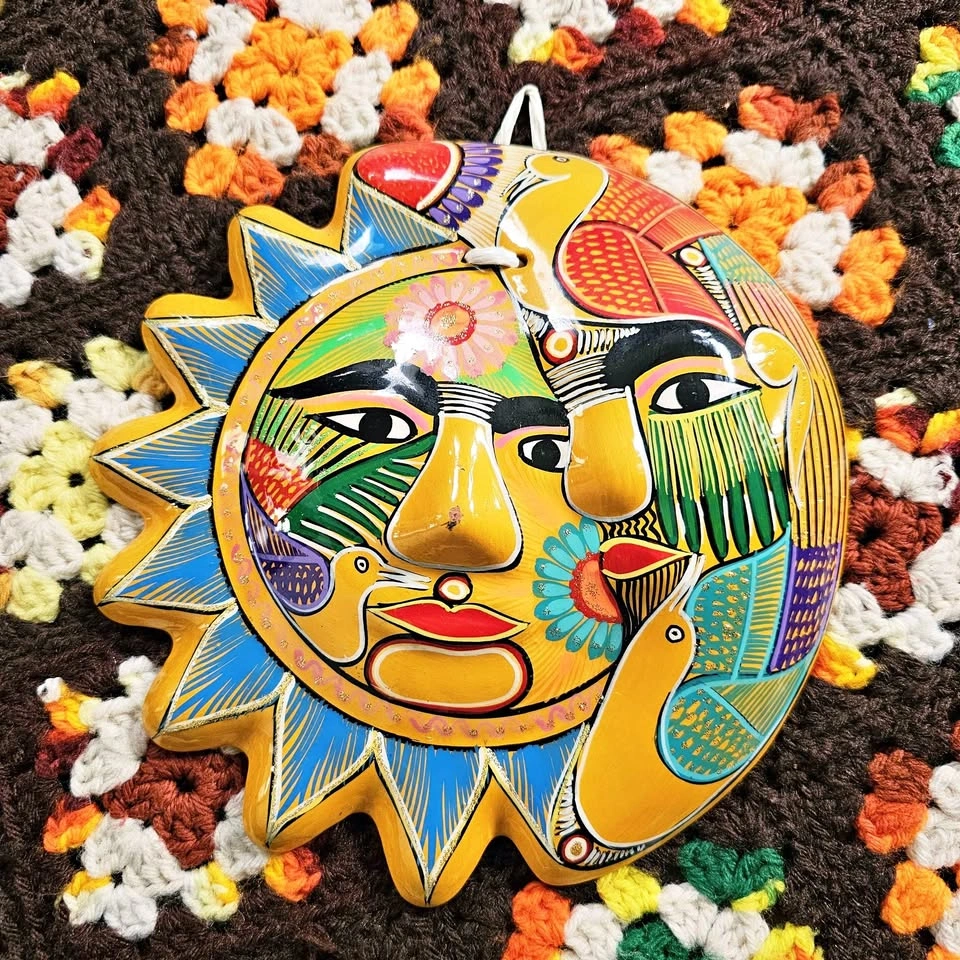Vintage Sun Moon Eclipse Mexican Terracotta Wall Plaque