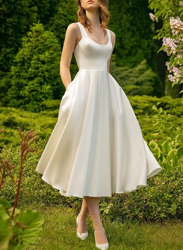 Simple Short Satin Wedding Dresses With Tea-Length (US 14)