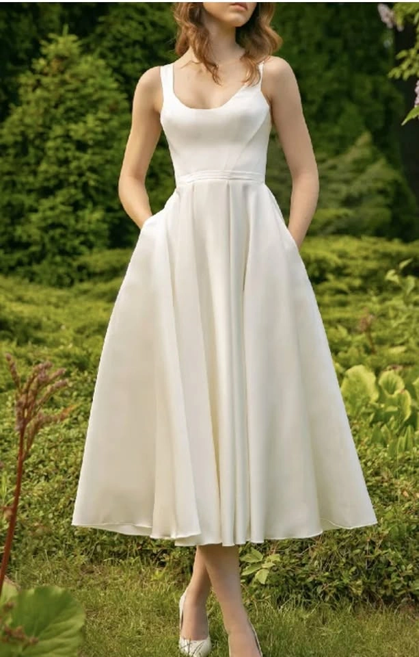 Simple Short Satin Wedding Dresses With Tea-Length (US 15w)