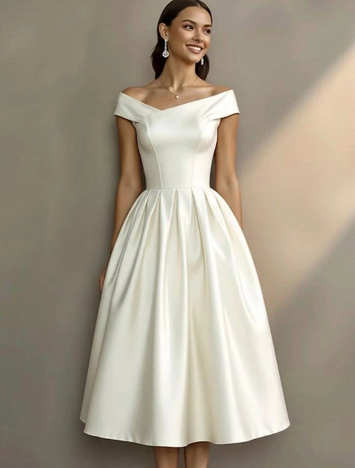 Simple White Off the Shoulder A Line Midi Engagement Dress (US 1