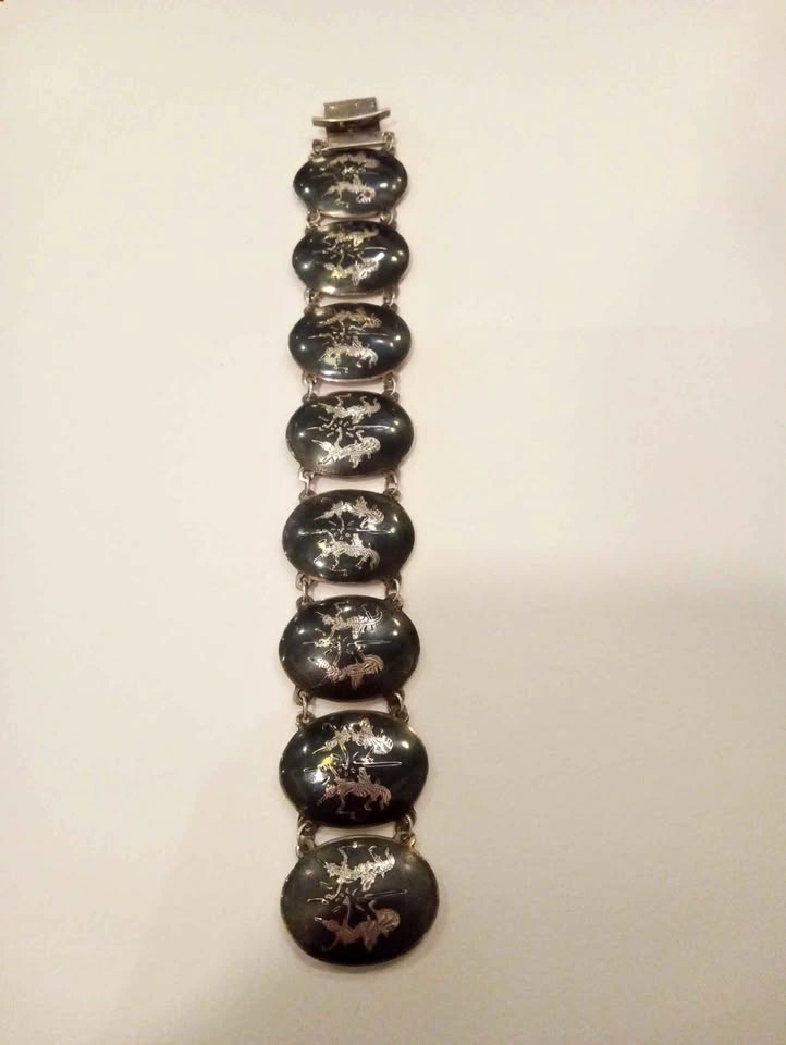 Vintage Siam Sterling Silver Bracelet Enamel Niello Black