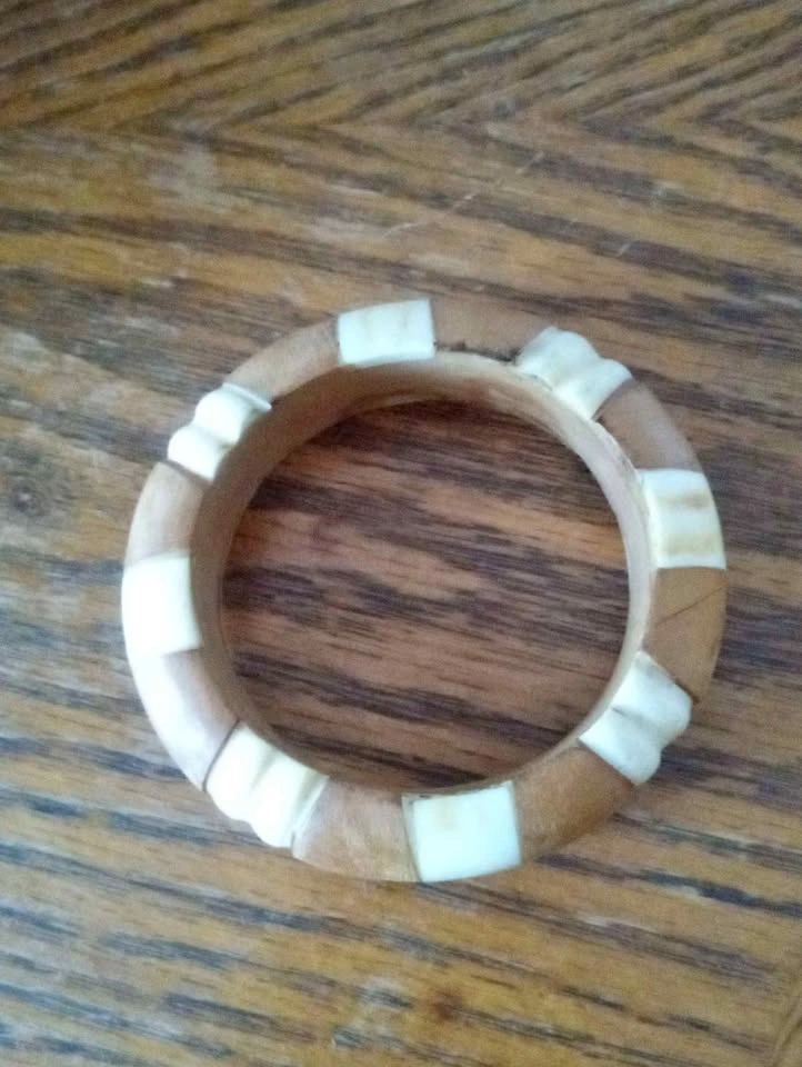 Vintage Handcrafted Wood and Bone Inlaid Bangle Bracelet