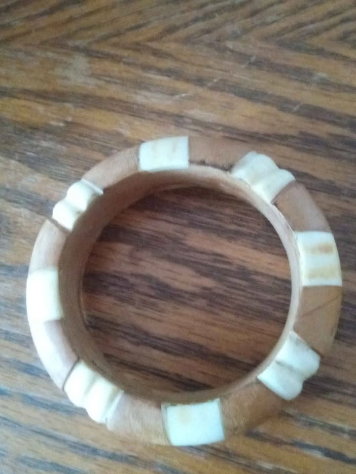 Vintage Handcrafted Wood and Bone Inlaid Bangle Bracelet - photo 2