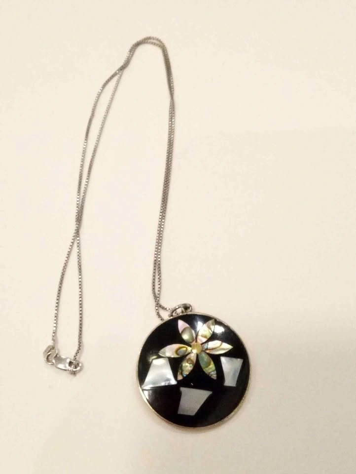 Vintage Mexican Abalone Enamel Pendant Marked Alpaca Mexico