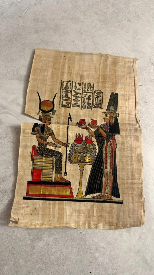 Egyptian Papyrus Painting, Pharaoh Scene