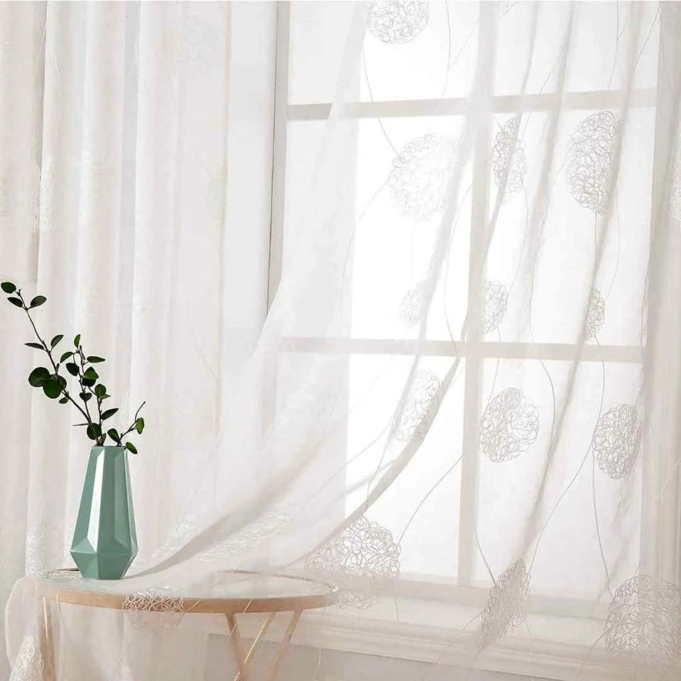 2 panels white embroidery sheer curtains