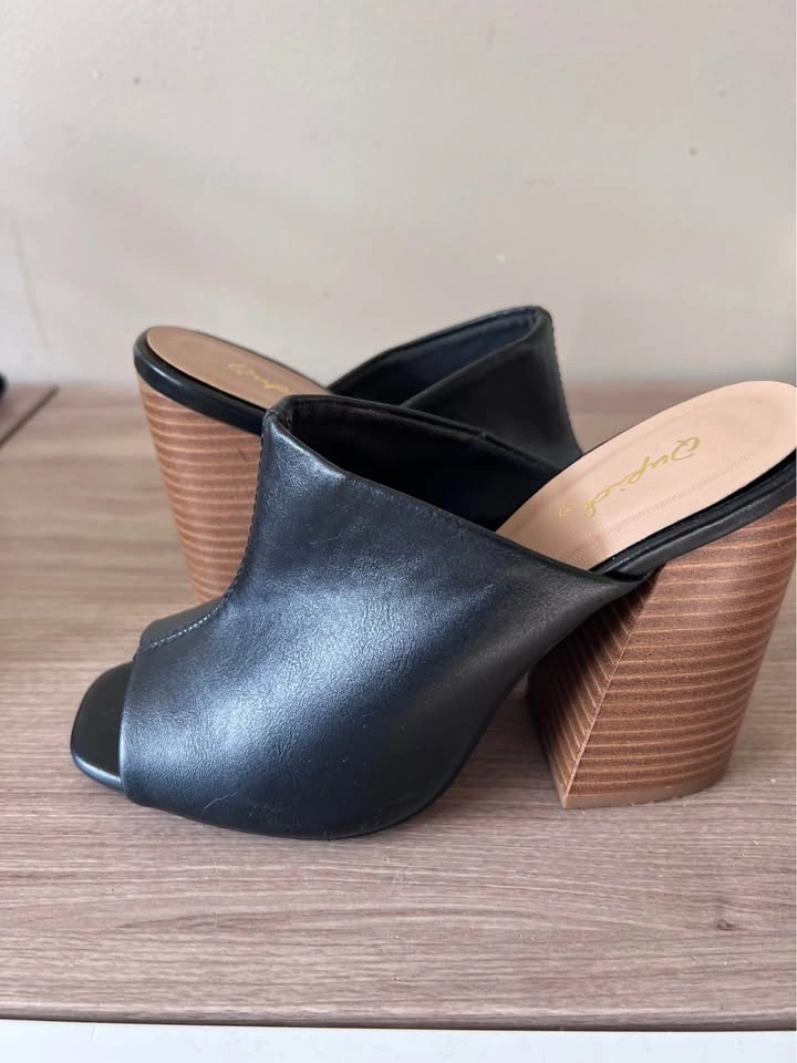 Qupid Black Peep Toe Block Heel Mules - photo 2