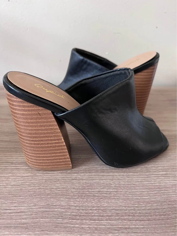 Qupid Black Peep Toe Block Heel Mules - photo 3