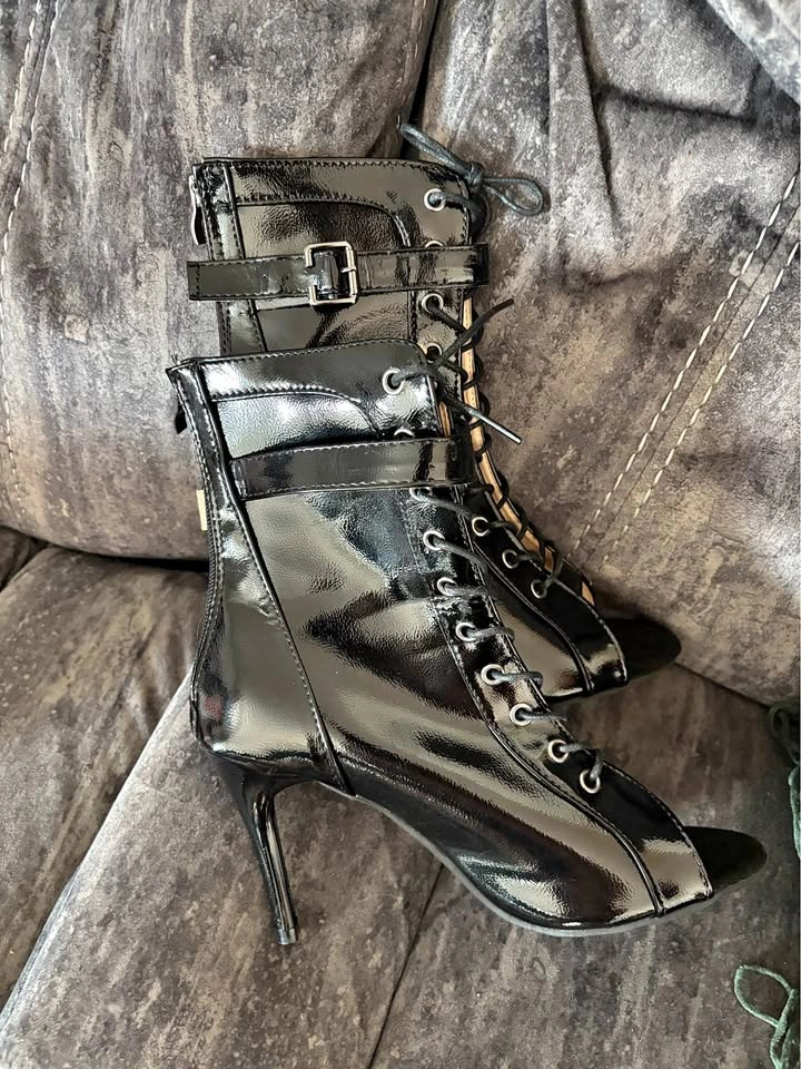 Black Patent Leather Lace-Up Peep Toe Stiletto Boots