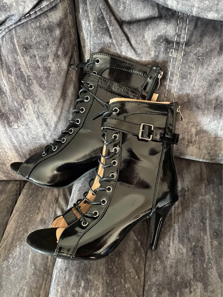 Black Patent Leather Lace-Up Peep Toe Stiletto Boots - photo 2