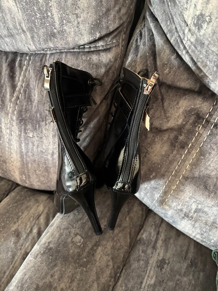 Black Patent Leather Lace-Up Peep Toe Stiletto Boots - photo 3
