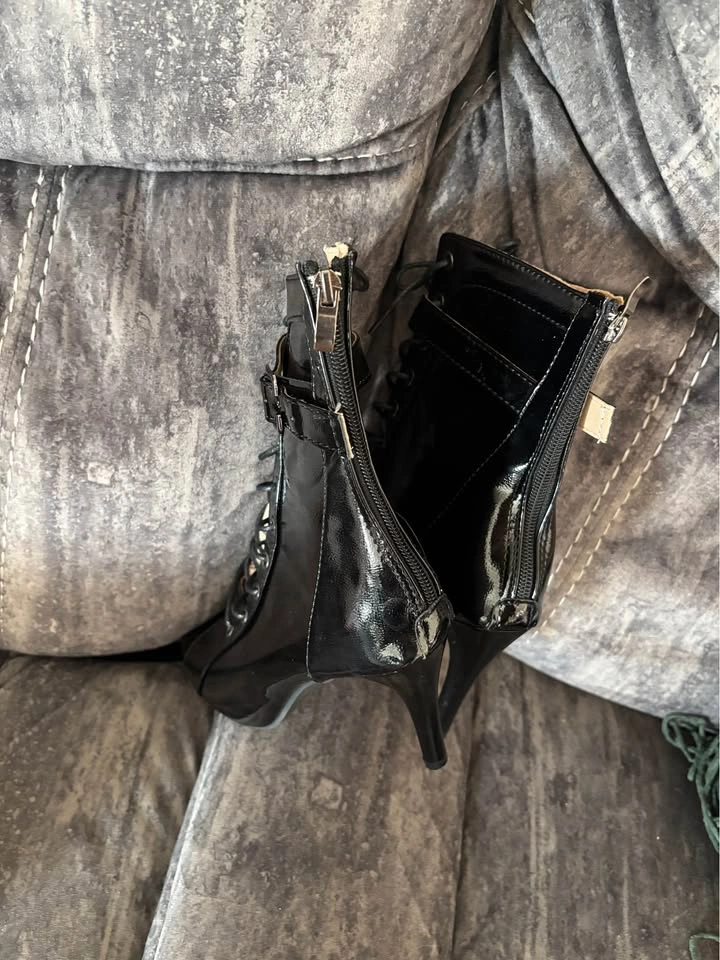 Black Patent Leather Lace-Up Peep Toe Stiletto Boots - photo 4