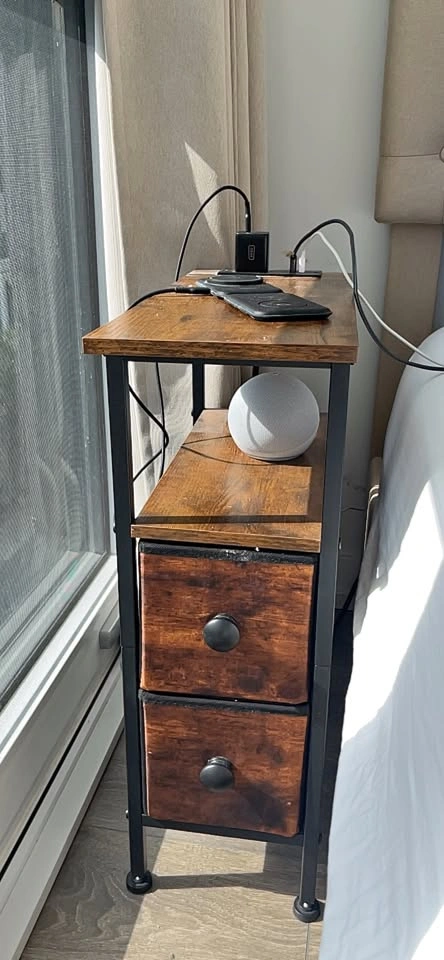 Wood and Metal Nightstand with Outlets and 2 Fabric Drawers