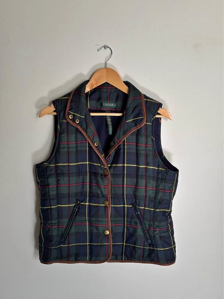 Ralph Lauren Quilted Plaid Puffer Vest Green Navy Tartan Leather
