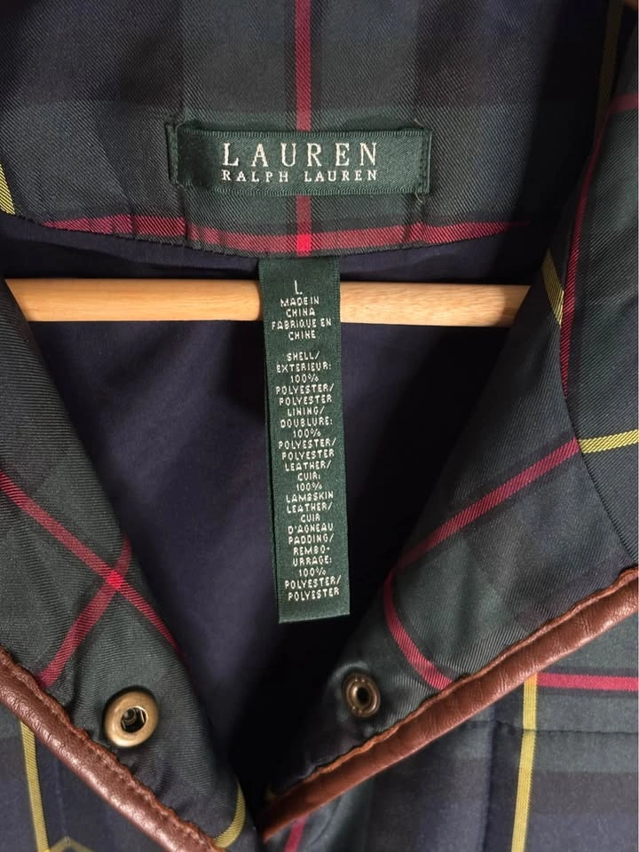Ralph Lauren Quilted Plaid Puffer Vest Green Navy Tartan Leather - photo 2
