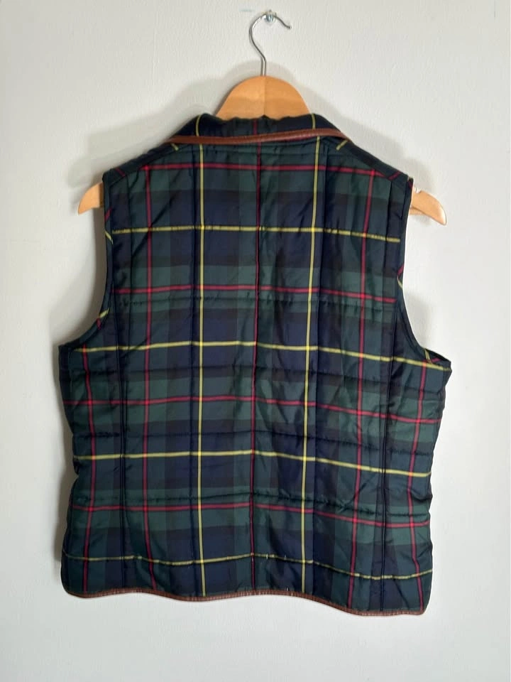 Ralph Lauren Quilted Plaid Puffer Vest Green Navy Tartan Leather - photo 3