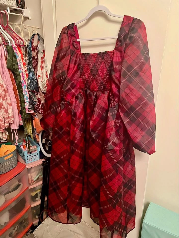 Eloquii Plaid Puff Sleeve Midi Dress