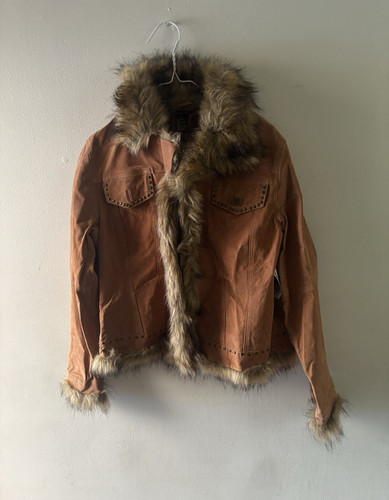 rue21 Women's Brown Leather Jacket Faux Fur Trim Studded Lined P