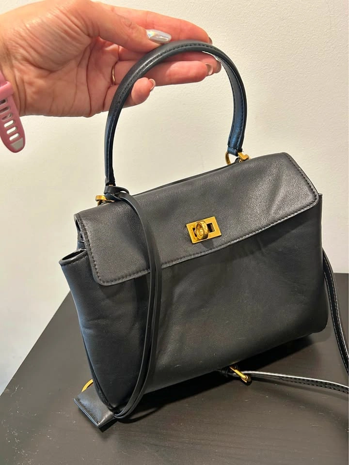 Mini Classic Black Real Leather Top-Handle Shoulder Bag