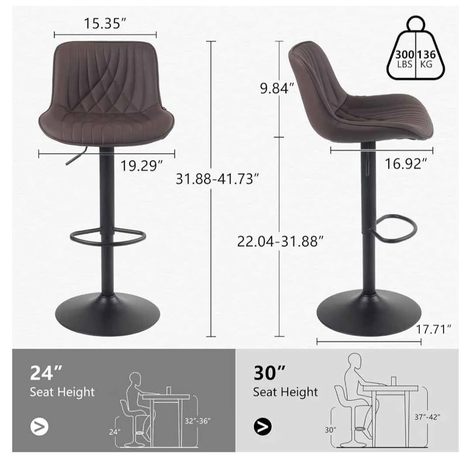 YOUTASTE Adjustable Swivel Bar Stool - Brown Faux Leather - photo 2