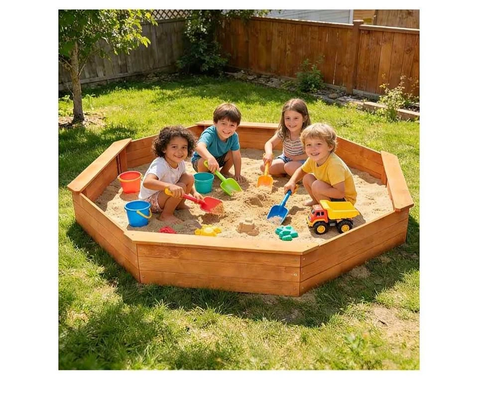 Hexagonal Wooden Sandbox with Canopy and Benches