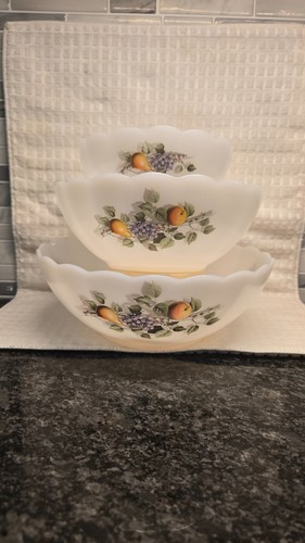 Vintage Arcopal Fruits de France Opal Glass Nesting Bowls 3pc