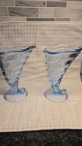 Vintage Bormioli Rocco Fortuna Blue Glass Cornucopia Bowls - photo 2
